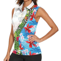 Hawaiian Tropical Flowers and Leaves Women Sleeveless Polo Shirt on Leopard Pattern Half Style White-Blue Version - Polynesian Pride