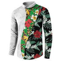 Hawaiian Tropical Flowers and Leaves Button Sweatshirt on Leopard Pattern Half Style White-Black Version LT03 - Polynesian Pride