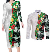 Hawaiian Tropical Flowers and Leaves Couples Matching Long Sleeve Bodycon Dress and Long Sleeve Button Shirt on Leopard Pattern Half Style White-Black Version LT03 White - Polynesian Pride