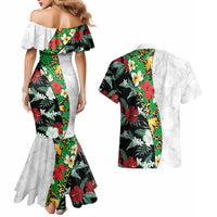 Hawaiian Tropical Flowers and Leaves Couples Matching Mermaid Dress and Hawaiian Shirt on Leopard Pattern Half Style White-Black Version LT03 - Polynesian Pride