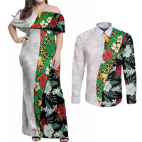 Hawaiian Tropical Flowers and Leaves Couples Matching Off Shoulder Maxi Dress and Long Sleeve Button Shirt on Leopard Pattern Half Style White-Black Version LT03 White - Polynesian Pride