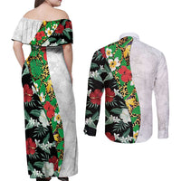 Hawaiian Tropical Flowers and Leaves Couples Matching Off Shoulder Maxi Dress and Long Sleeve Button Shirt on Leopard Pattern Half Style White-Black Version LT03 - Polynesian Pride