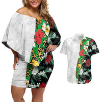 Hawaiian Tropical Flowers and Leaves Couples Matching Off Shoulder Short Dress and Hawaiian Shirt on Leopard Pattern Half Style White-Black Version LT03 White - Polynesian Pride