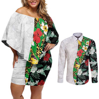 Hawaiian Tropical Flowers and Leaves Couples Matching Off Shoulder Short Dress and Long Sleeve Button Shirt on Leopard Pattern Half Style White-Black Version LT03 White - Polynesian Pride