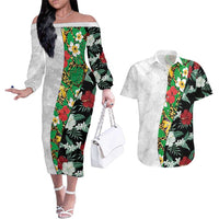 Hawaiian Tropical Flowers and Leaves Couples Matching Off The Shoulder Long Sleeve Dress and Hawaiian Shirt on Leopard Pattern Half Style White-Black Version LT03 White - Polynesian Pride