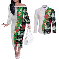 Hawaiian Tropical Flowers and Leaves Couples Matching Off The Shoulder Long Sleeve Dress and Long Sleeve Button Shirt on Leopard Pattern Half Style White-Black Version LT03 White - Polynesian Pride