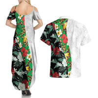Hawaiian Tropical Flowers and Leaves Couples Matching Summer Maxi Dress and Hawaiian Shirt on Leopard Pattern Half Style White-Black Version LT03 - Polynesian Pride
