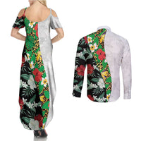 Hawaiian Tropical Flowers and Leaves Couples Matching Summer Maxi Dress and Long Sleeve Button Shirt on Leopard Pattern Half Style White-Black Version LT03 - Polynesian Pride