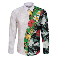 Hawaiian Tropical Flowers and Leaves Family Matching Off The Shoulder Long Sleeve Dress and Hawaiian Shirt on Leopard Pattern Half Style White-Black Version - Polynesian Pride