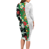 Hawaiian Tropical Flowers and Leaves Long Sleeve Bodycon Dress on Leopard Pattern Half Style White-Black Version - Polynesian Pride