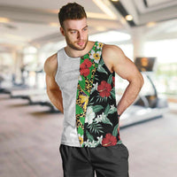 Hawaiian Tropical Flowers and Leaves Men Tank Top on Leopard Pattern Half Style White-Black Version LT03 White - Polynesian Pride