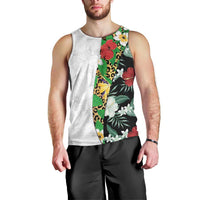Hawaiian Tropical Flowers and Leaves Men Tank Top on Leopard Pattern Half Style White-Black Version LT03 - Polynesian Pride