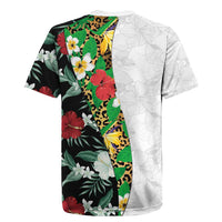 Hawaiian Tropical Flowers and Leaves Rugby Jersey on Leopard Pattern Half Style White-Black Version LT03 - Polynesian Pride
