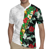 Hawaiian Tropical Flowers and Leaves Rugby Jersey on Leopard Pattern Half Style White-Black Version LT03 - Polynesian Pride