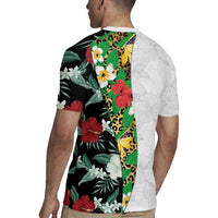 Hawaiian Tropical Flowers and Leaves Rugby Jersey on Leopard Pattern Half Style White-Black Version LT03 - Polynesian Pride