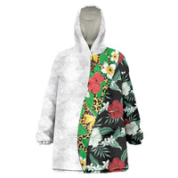 Hawaiian Tropical Flowers and Leaves Wearable Blanket Hoodie on Leopard Pattern Half Style White-Black Version LT03 One Size White - Polynesian Pride