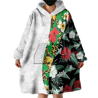 Hawaiian Tropical Flowers and Leaves Wearable Blanket Hoodie on Leopard Pattern Half Style White-Black Version LT03 - Polynesian Pride