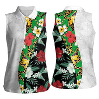 Hawaiian Tropical Flowers and Leaves Women Sleeveless Polo Shirt on Leopard Pattern Half Style White-Black Version - Polynesian Pride