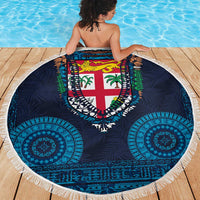Fiji Coat of Arms Traditional Dashiki Beach Blanket Tapa Art and Palm Leaves Pattern Dark Navy Color - Polynesian Pride