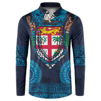 Fiji Coat of Arms Traditional Dashiki Button Sweatshirt Tapa Art and Palm Leaves Pattern Dark Navy Color - Polynesian Pride