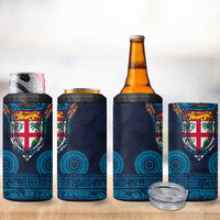 Fiji Coat of Arms Traditional Dashiki 4 in 1 Can Cooler Tumbler Tapa Art and Palm Leaves Pattern Dark Navy Color - Polynesian Pride