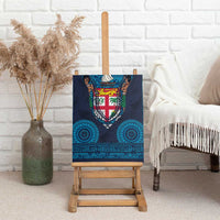 Fiji Coat of Arms Traditional Dashiki Canvas Wall Art Tapa Art and Palm Leaves Pattern Dark Navy Color - Polynesian Pride