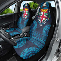 Fiji Coat of Arms Traditional Dashiki Car Seat Cover Tapa Art and Palm Leaves Pattern Dark Navy Color - Polynesian Pride