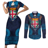 Fiji Coat of Arms Traditional Dashiki Couples Matching Short Sleeve Bodycon Dress and Long Sleeve Button Shirt Tapa Art and Palm Leaves Pattern Dark Navy Color - Polynesian Pride