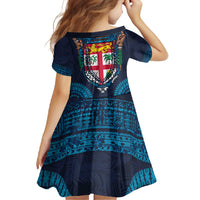 Fiji Coat of Arms Traditional Dashiki Family Matching Long Sleeve Bodycon Dress and Hawaiian Shirt Tapa Art and Palm Leaves Pattern Dark Navy Color - Polynesian Pride