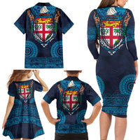 Fiji Coat of Arms Traditional Dashiki Family Matching Long Sleeve Bodycon Dress and Hawaiian Shirt Tapa Art and Palm Leaves Pattern Dark Navy Color - Polynesian Pride