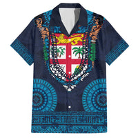 Fiji Coat of Arms Traditional Dashiki Family Matching Long Sleeve Bodycon Dress and Hawaiian Shirt Tapa Art and Palm Leaves Pattern Dark Navy Color - Polynesian Pride