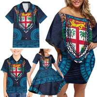 Fiji Coat of Arms Traditional Dashiki Family Matching Off Shoulder Short Dress and Hawaiian Shirt Tapa Art and Palm Leaves Pattern Dark Navy Color - Polynesian Pride