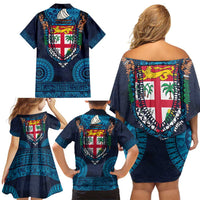 Fiji Coat of Arms Traditional Dashiki Family Matching Off Shoulder Short Dress and Hawaiian Shirt Tapa Art and Palm Leaves Pattern Dark Navy Color - Polynesian Pride
