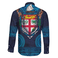 Fiji Coat of Arms Traditional Dashiki Family Matching Off Shoulder Short Dress and Hawaiian Shirt Tapa Art and Palm Leaves Pattern Dark Navy Color - Polynesian Pride