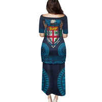 Fiji Coat of Arms Traditional Dashiki Family Matching Puletasi and Hawaiian Shirt Tapa Art and Palm Leaves Pattern Dark Navy Color - Polynesian Pride