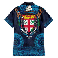 Fiji Coat of Arms Traditional Dashiki Family Matching Short Sleeve Bodycon Dress and Hawaiian Shirt Tapa Art and Palm Leaves Pattern Dark Navy Color - Polynesian Pride
