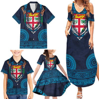 Fiji Coat of Arms Traditional Dashiki Family Matching Summer Maxi Dress and Hawaiian Shirt Tapa Art and Palm Leaves Pattern Dark Navy Color - Polynesian Pride