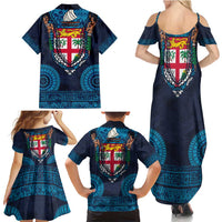 Fiji Coat of Arms Traditional Dashiki Family Matching Summer Maxi Dress and Hawaiian Shirt Tapa Art and Palm Leaves Pattern Dark Navy Color - Polynesian Pride