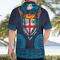 Fiji Coat of Arms Traditional Dashiki Hawaiian Shirt Tapa Art and Palm Leaves Pattern Dark Navy Color - Polynesian Pride