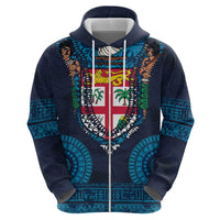 Fiji Coat of Arms Traditional Dashiki Hoodie Tapa Art and Palm Leaves Pattern Dark Navy Color - Polynesian Pride