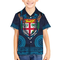 Fiji Coat of Arms Traditional Dashiki Kid Hawaiian Shirt Tapa Art and Palm Leaves Pattern Dark Navy Color - Polynesian Pride