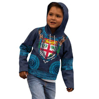 Fiji Coat of Arms Traditional Dashiki Kid Hoodie Tapa Art and Palm Leaves Pattern Dark Navy Color - Polynesian Pride