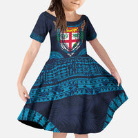 Fiji Coat of Arms Traditional Dashiki Kid Short Sleeve Dress Tapa Art and Palm Leaves Pattern Dark Navy Color - Polynesian Pride