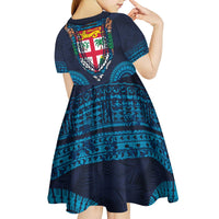 Fiji Coat of Arms Traditional Dashiki Kid Short Sleeve Dress Tapa Art and Palm Leaves Pattern Dark Navy Color - Polynesian Pride
