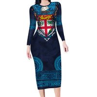 Fiji Coat of Arms Traditional Dashiki Long Sleeve Bodycon Dress Tapa Art and Palm Leaves Pattern Dark Navy Color - Polynesian Pride