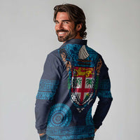 Fiji Coat of Arms Traditional Dashiki Long Sleeve Polo Shirt Tapa Art and Palm Leaves Pattern Dark Navy Color - Polynesian Pride