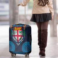 Fiji Coat of Arms Traditional Dashiki Luggage Cover Tapa Art and Palm Leaves Pattern Dark Navy Color - Polynesian Pride