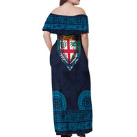 Fiji Coat of Arms Traditional Dashiki Off Shoulder Maxi Dress Tapa Art and Palm Leaves Pattern Dark Navy Color - Polynesian Pride
