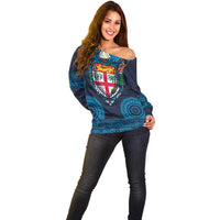 Fiji Coat of Arms Traditional Dashiki Off Shoulder Sweater Tapa Art and Palm Leaves Pattern Dark Navy Color - Polynesian Pride