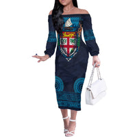 Fiji Coat of Arms Traditional Dashiki Off The Shoulder Long Sleeve Dress Tapa Art and Palm Leaves Pattern Dark Navy Color - Polynesian Pride